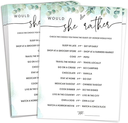30 Pcs Green Leaves Bridal Shower Games Cards, Would She Rather Wedding Game, Bridal Party Games Activity Supplies, Wedding Games for Reception