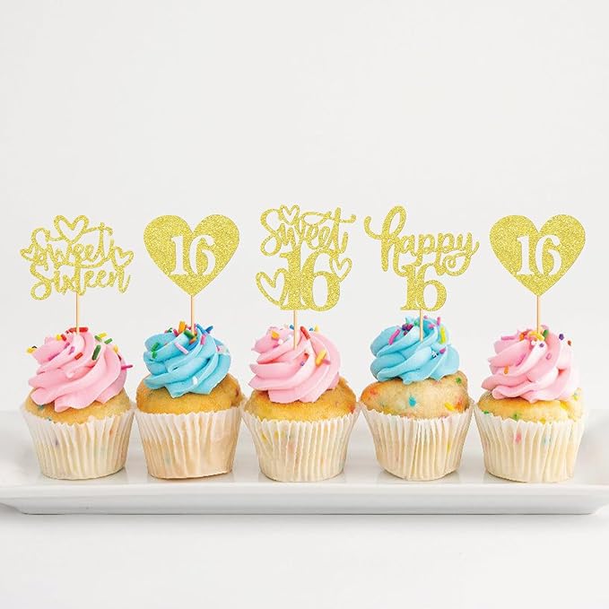 Keaziu 48 Pack Happy Sweet 16 Cupcake Toppers Sweet Sixteen 16 Happy 16 Cupcake Picks for 16th Birthday Wedding Anniversary Party Cake Decorations Supplies Gold