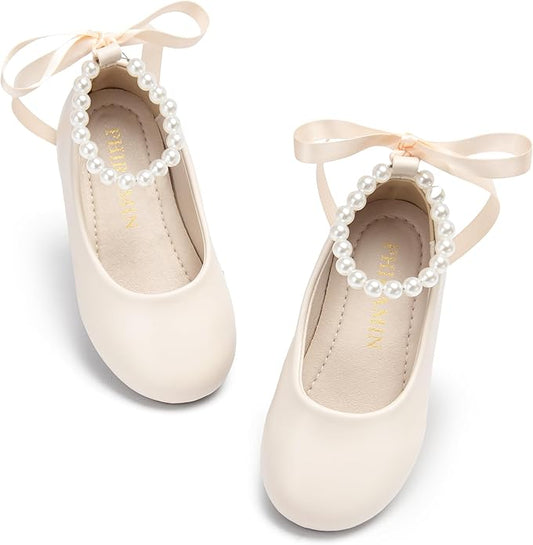 Toddler Flower Girl Dress Shoes - Little Girl Ballet Flats Pearl Strap for Wedding Party
