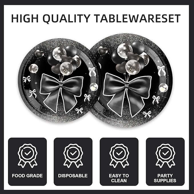 171Pcs Black Silver Bow Birthday Party Decorations for 20 Guests - Black Silver Bow Tableware Plates Napkins Forks Cups Straws Tablecloch for Baby Shower Birthday Party Decorations