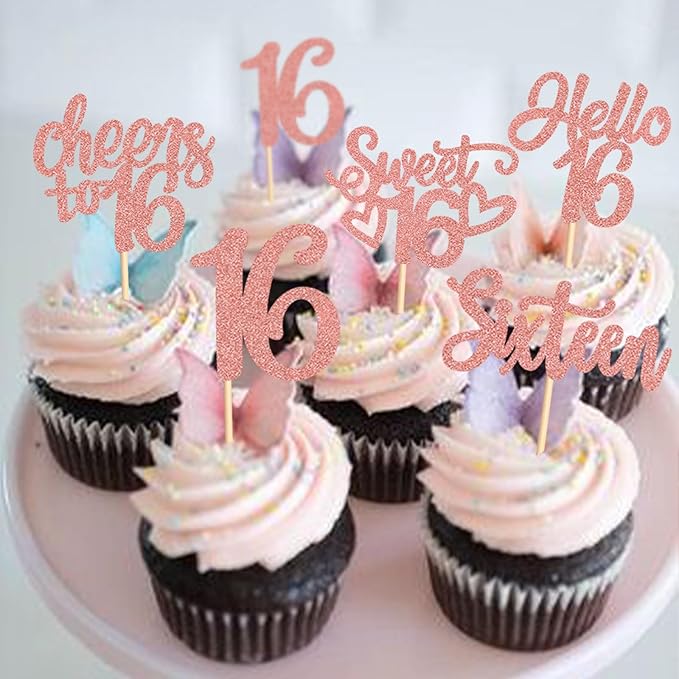 Keaziu 25 Pack 16th Birthday Cupcake Toppers Sweet Sixteen 16 Happy 16 Cupcake Picks for 16th Birthday Wedding Anniversary Party Cake Decorations Supplies