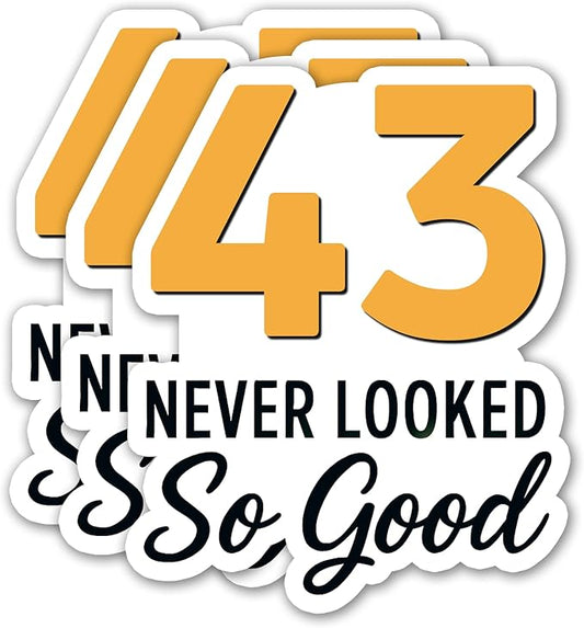 (3PCS) 43 Never Looked So Good Sticker – Happy 43 th Birthday, Waterproof Vinyl Decals for Party Decor, Scrapbooking, Water Bottles, Laptops, Size 3" x 2.5"