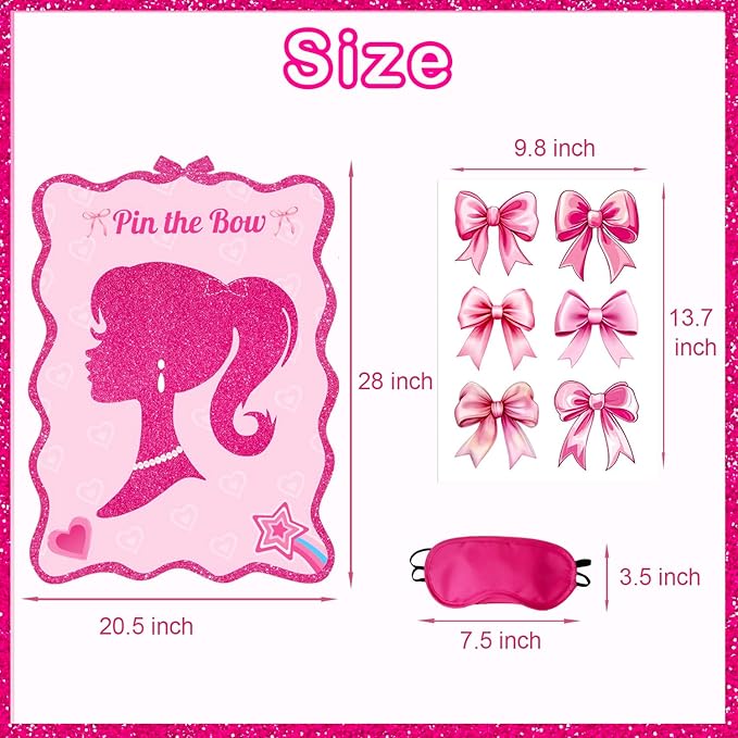 Pink Girls Birthday Party Decorations Party Games Pin The Bow Game for Kids Posters Stickers for Party Favors and Supplies