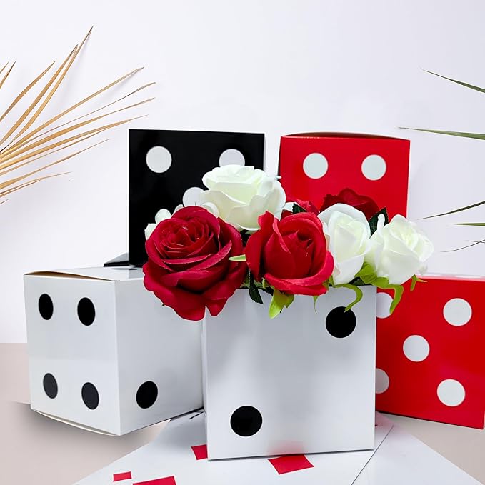 12 Pcs Dice Favor Boxes 6 x 6 x 6 Inch dice Boxes Bulk for centerpieces Casino Party Decorations Game Night Decorations Casino Themed Party Goodie Boxes Gift Box (Black, White, Red)