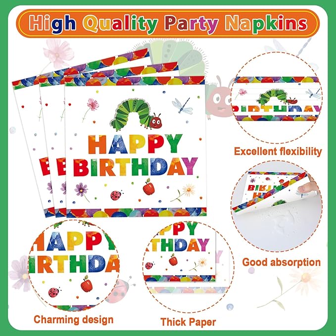 96Pcs Caterpillar 1st Birthday Party Plates and Napkins Hungry Caterpillar Theme Decor Very Hungry Paper Disposable Dessert Cake Plates Cartoon Green Insect Tableware Set for Kids Birthday 24 Guests