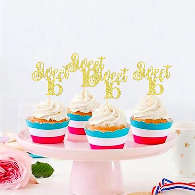 Keaziu 24 Pack Sweet 16 Cupcake Toppers Sweet Sixteen 16 Happy 16 Cupcake Picks for 16th Birthday Wedding Anniversary Party Cake Decorations Supplies Gold