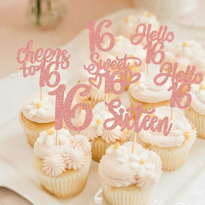 Keaziu 25 Pack 16th Birthday Cupcake Toppers Sweet Sixteen 16 Happy 16 Cupcake Picks for 16th Birthday Wedding Anniversary Party Cake Decorations Supplies