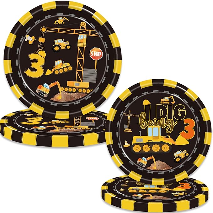 80 Pcs Construction 3rd Birthday Party Supplies Dump Truck Theme Three Decorations Tableware Includes Plates, Napkins, Forks for Boys Construction Three Years Old Birthday Party Decorations Favors