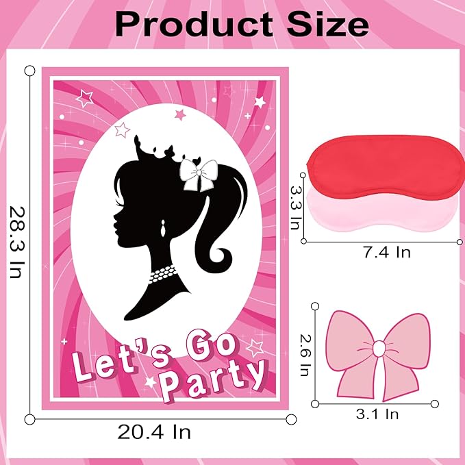 QISOLIY Pink Girl Party Game Decorations, Girl Princess Pin The Bow on The Head Party Game Supplies, Large Poster with 24 Pcs Bow Stickers Favors for Birthday Party