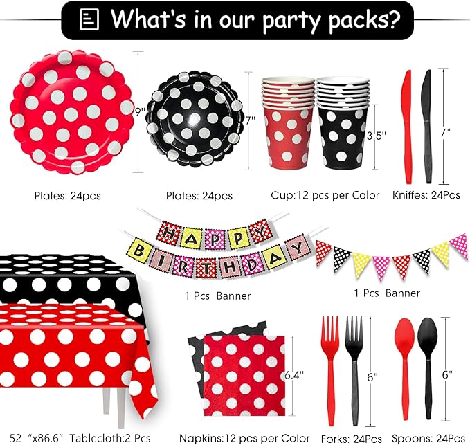 NAIWOXI Round Dot Party Supplies Tableware - Cute Black Red Round Dot Birthday Party Decoration For Girls，Plates, Napkins, Cups, Tableware, Birthday Party Decoration For Boy | 24 Guests