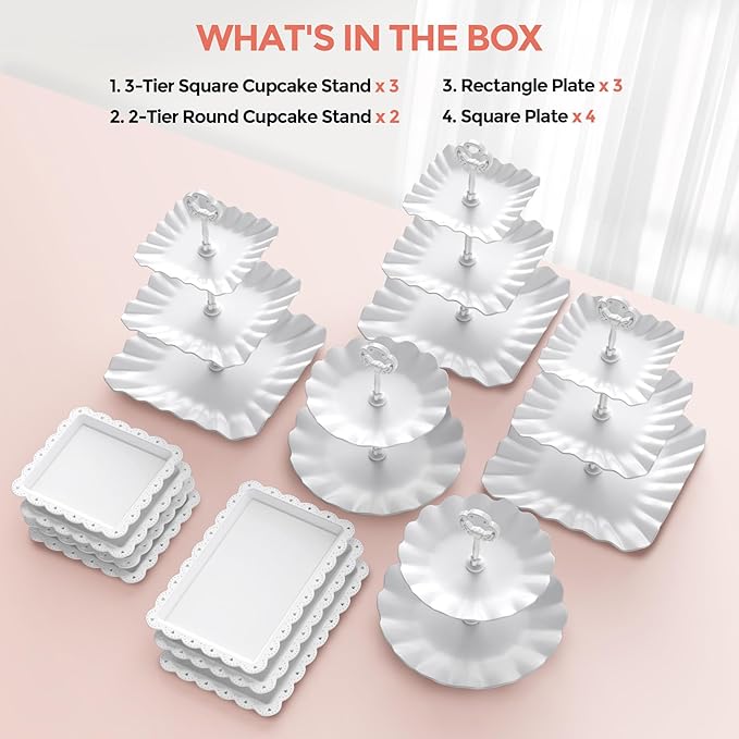 Cupcake Stand, 12Pcs Dessert Table Display Set, 3-Tier Cup Cake Tower Stands & 2-Tiered Cake Holder, Treat Food Platters Serving Trays for Cookie, Candy, Tea Party, Baby Shower, Birthday, Plastic