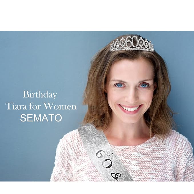 "60 & Fabulous" Birthday Tiara and Sash Kit- 60th Birthday Gifts for Women 60th Birthday Party Decorations (silver)