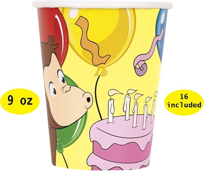 Curious George Party Supplies for 16 Guests – 9" Plates, Cups, Napkins & Birthday Candles – Curious George Birthday Decorations for Kids, Toddlers, Boys & Girls Monkey Party Pack