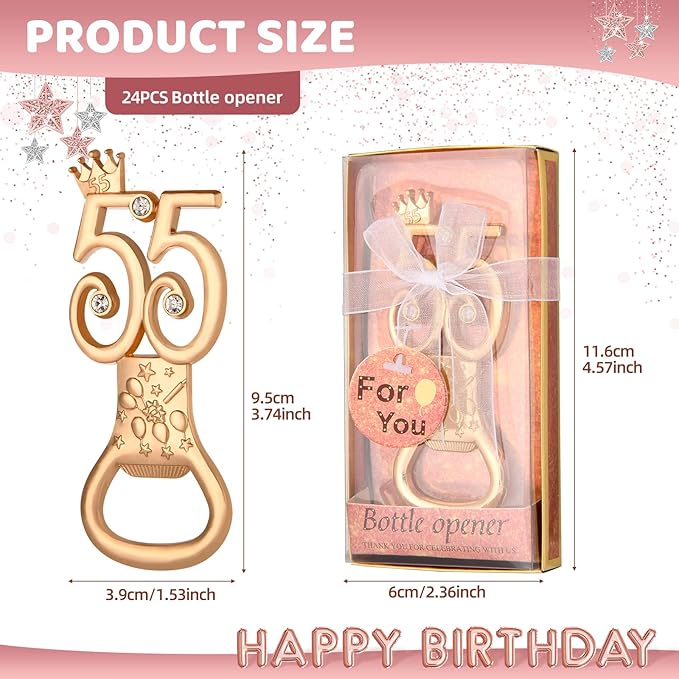 24 boxes of rose gold themed 55th birthday bottle openers, suitable for 55th anniversary wedding party gifts birthday party souvenirs or party decorations