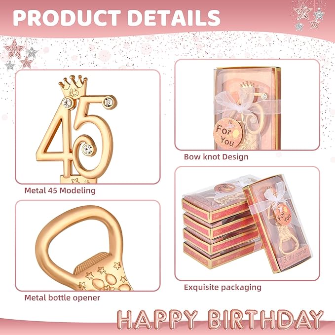 24 boxes of rose gold themed 45th birthday bottle openers, suitable for 45th anniversary wedding party gifts birthday party souvenirs or party decorations