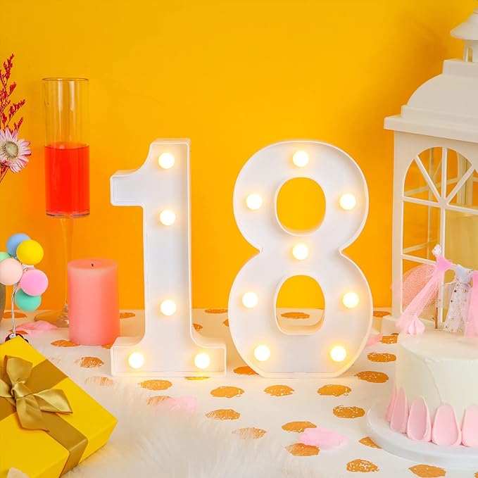Treela 8.7'' Birthday Decorative LED Light up Numbers, Glitter Marquee Number Sign for Night Birthday Party Decorations Anniversary Bar LED Sign Backdrop Wall Table Centerpieces(18th,White)