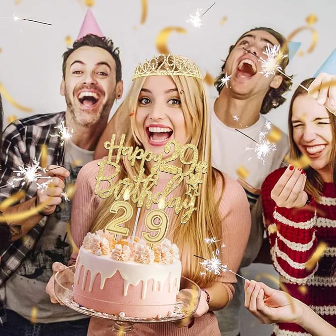 29th Birthday Decorations for Women Gold with 29th Birthday Tiara and Sash, Cake Topper and Candles, Number Balloons, 29 Year Old Gifts for Women