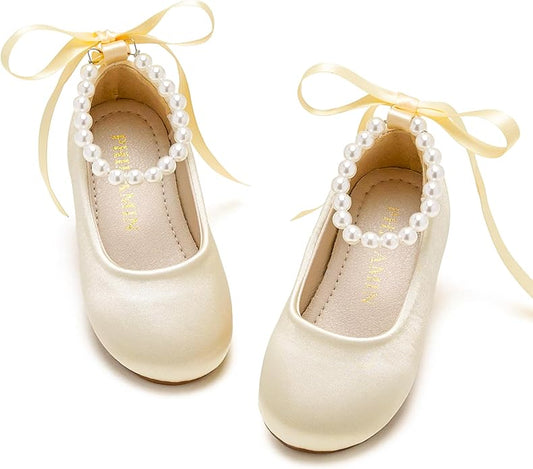 Toddler Flower Girl Dress Shoes - Little Girl Ballet Flats Pearl Strap for Wedding Party