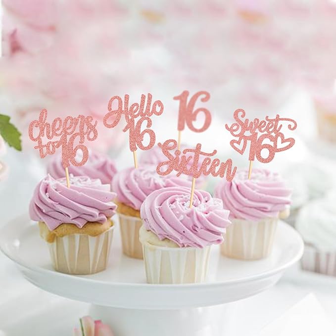 Keaziu 25 Pack 16th Birthday Cupcake Toppers Sweet Sixteen 16 Happy 16 Cupcake Picks for 16th Birthday Wedding Anniversary Party Cake Decorations Supplies