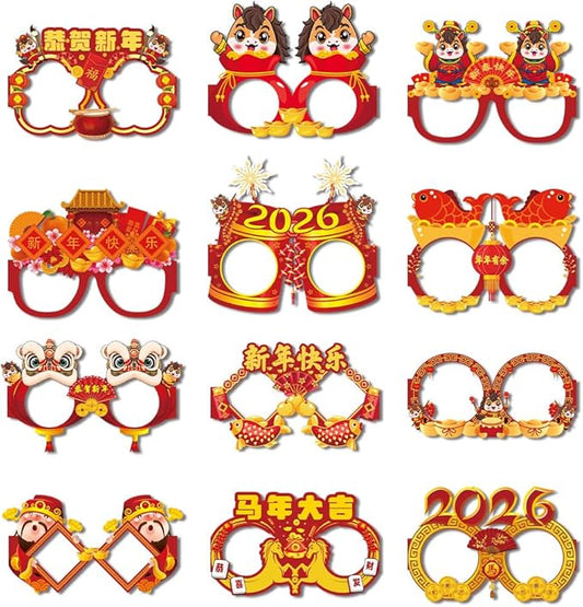 USUKUSI 12 Pcs 2026 Chinese New Year Glasses Fancy Party Eyeglasses Chinese New Year Paper Photo Props, 2026 New Year’s Eve Party Game Favor Accessories Supplies