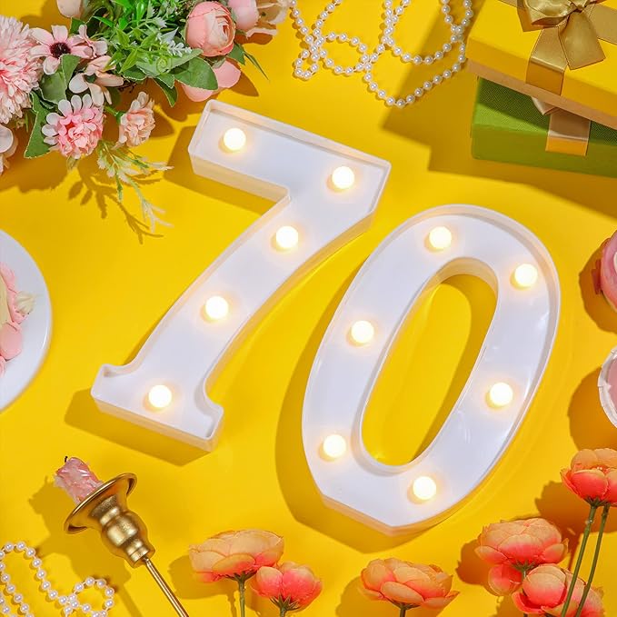 Treela 8.7'' Birthday Decorative LED Light up Numbers, Glitter Marquee Number Sign for Night Birthday Party Decorations Anniversary Bar LED Sign Backdrop Wall Table Centerpieces(70th,White)