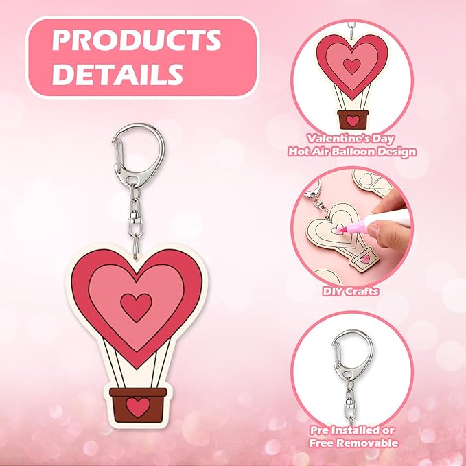 RattanView 24 Pcs Valentine's Day Heart Hot Air Balloon Craft Color Your Own Keychains DIY Craft Wooden Blank Keychains for Sunday School Classroom Home Active Party Favors Gifts, 12 Styles