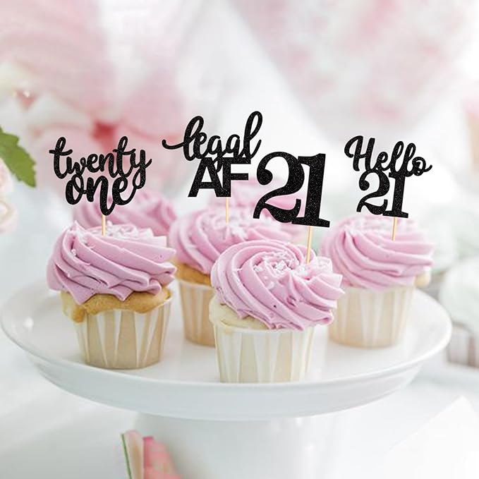 Keaziu 24 Pack 21st Birthday Cupcake Toppers Hello 21st Twenty one Legal 21st Cupcake Picks for 21st Birthday Wedding Anniversary Party Cake Decorations Supplies (21 black)