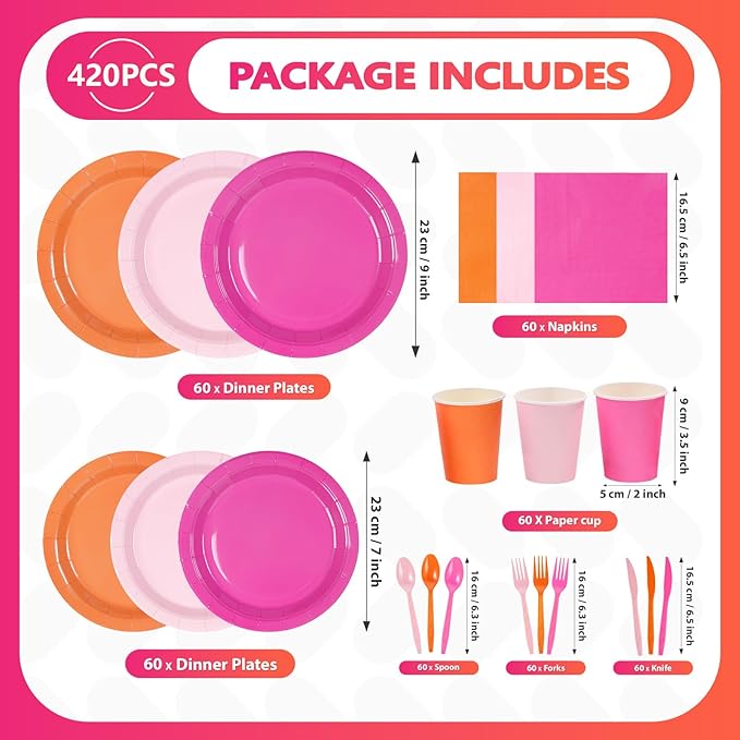 Greencian 420Pcs Pink and Orange Party Decorations Include 7" and 9" Hot Pink and Orange Paper Plates and Napkins Cups Spoons Forks Knives Complete Pack for Sunset Party Decorations Supplies