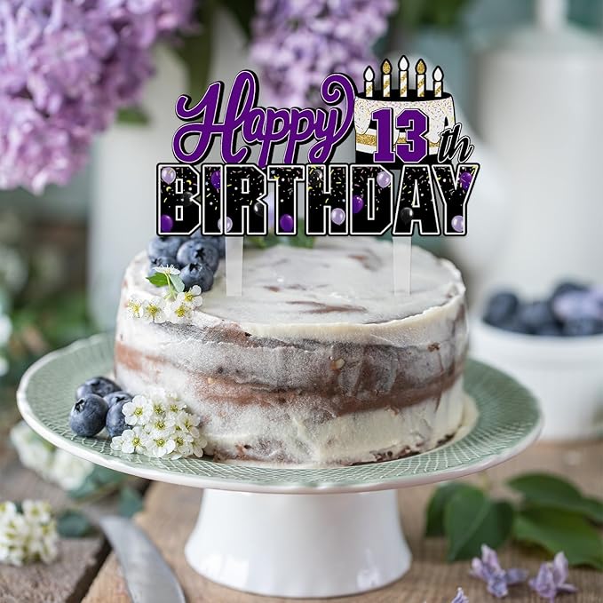 LINGTEER Happy 13th Birthday Purple Acrylic Cake Topper,Purple Theme Birthday Cheers to Thirteen Years Old Party Cake Decorations Gift Sign.