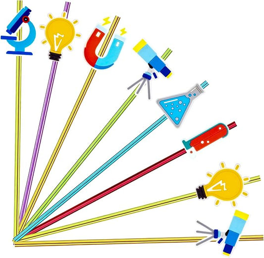 24pcs Science Theme Straws 6 Colors Reusable Plastic, Drink Cocktail Straws with Cartoon Decorations Mad Scientist Party Supplies Birthday Party Favors