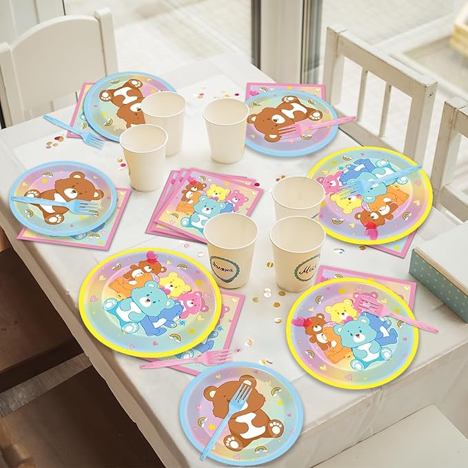 96Pcs Cute Bear Birthday Party Plates and Napkins Bear Rainbow Party Decorations Pastel Bears Theme Supplies Cute Bears Theme Paper Dessert Plates Tableware Set for Kids Boy Girl Baby Shower 24 Guests