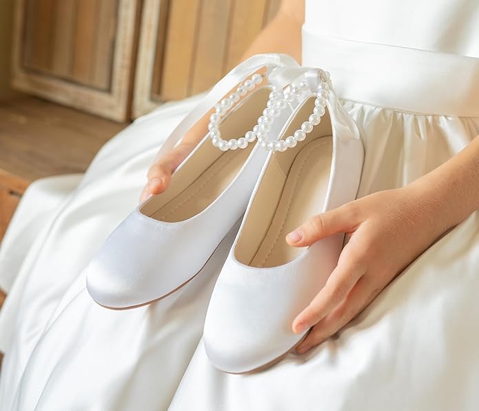 Toddler Flower Girl Dress Shoes - Little Girl Ballet Flats Pearl Strap for Wedding Party