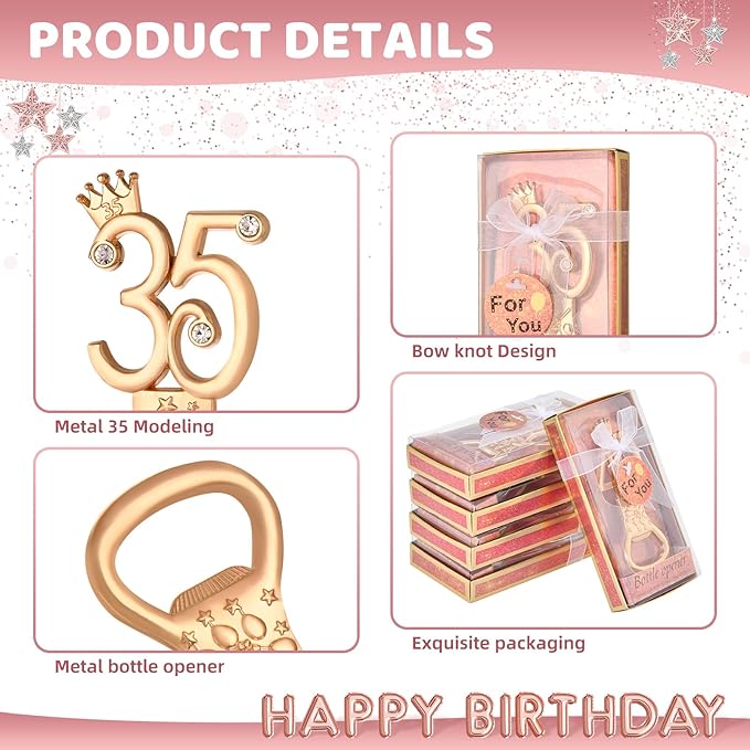 24 boxes of rose gold themed 35th birthday bottle openers, suitable for 35th anniversary wedding party gifts birthday party souvenirs or party decorations