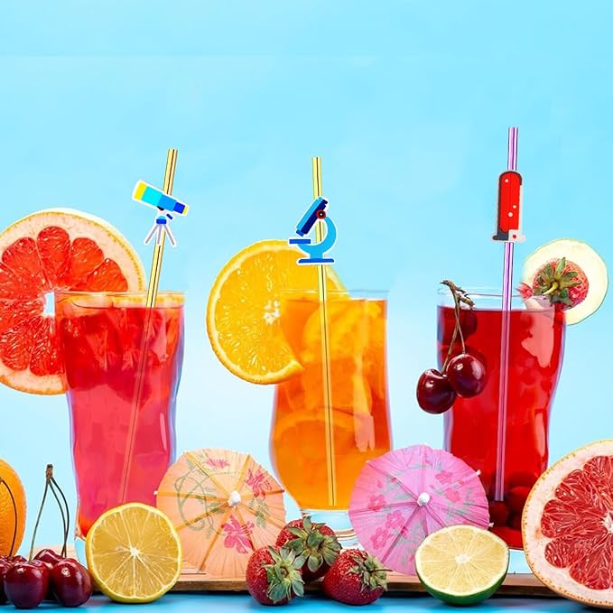 24pcs Science Theme Straws 6 Colors Reusable Plastic, Drink Cocktail Straws with Cartoon Decorations Mad Scientist Party Supplies Birthday Party Favors