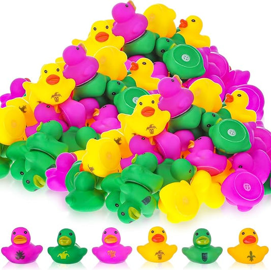 Deekin 50 Pcs Mini Mardi Gras Duck 1.57 Inch Tiny Rubber Duck Bulk Mardi Gras Throws for Parades Small Shower Rubber Duckies for Carnival Party Decorations Adult