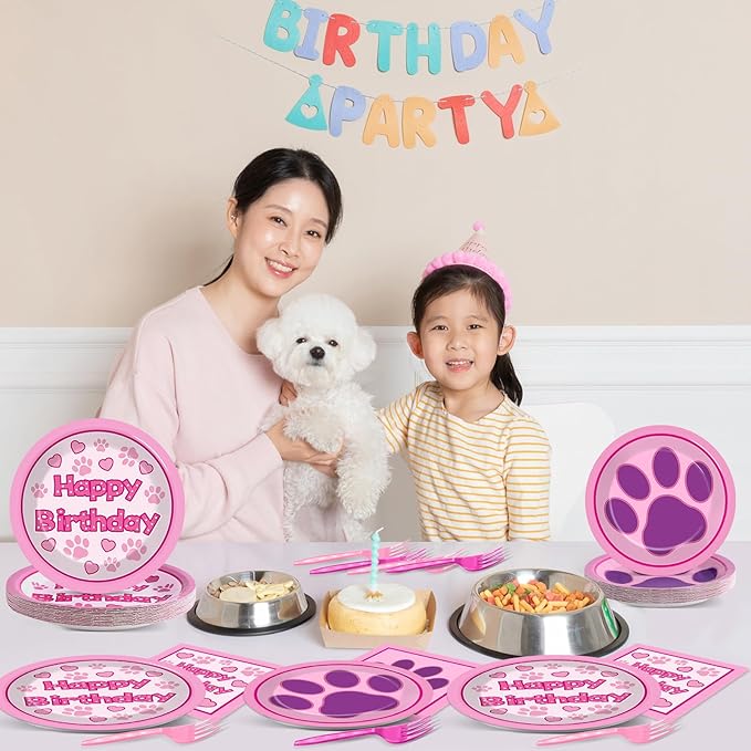 96 Pcs Pink Paw Birthday Party Plates and Napkins Puppy Print Party Decorations Dog Theme Supplies Lets Pawty Paper Dessert Plates Tableware Set for Kids Boy Girl Baby Shower 24 Guests