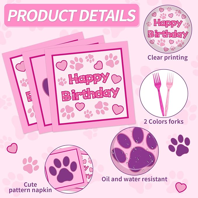 96 Pcs Pink Paw Birthday Party Plates and Napkins Puppy Print Party Decorations Dog Theme Supplies Lets Pawty Paper Dessert Plates Tableware Set for Kids Boy Girl Baby Shower 24 Guests