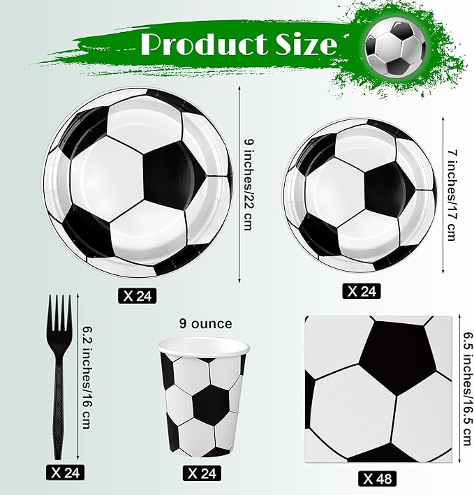 Kochorie 144 Pieces Soccer Party Tableware Sets Including Disposable Plates Napkins Cups Forks Serves 24 for Soccer Games Sports Birthday Party Supplies