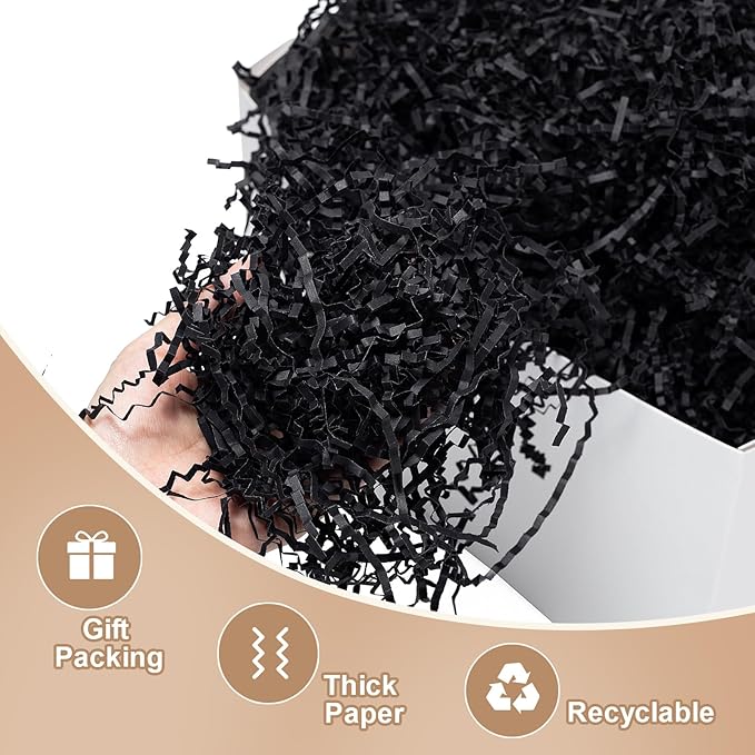 Wowxyz 1 LB Crinkle Cut Paper Shred Black Crinkle Shredded Paper for Gift Baskets - Gift Box Bag Filler - Confetti Stuffing for Birthday, Holiday Present Packaging Wrapping