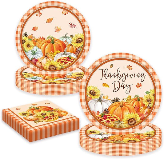 LYFREE 60 Pcs Thanksgiving Paper Plates and Napkins Party Supplies Fall Disposable Party Dinner Dessert Plates Harvest Pumpkin Sunflower Dinnerware Fall Thanksgiving Tableware Set