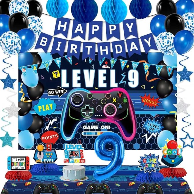 Video Game 9th Birthday Decorations for Boys, Blue Level 9 Party Decor Kits for Boy, 9 Years Old Game Supplies- Backdrop Honeycomb balls Hanging Swirls Centerpieces Balloons Tablecloth Cake topper