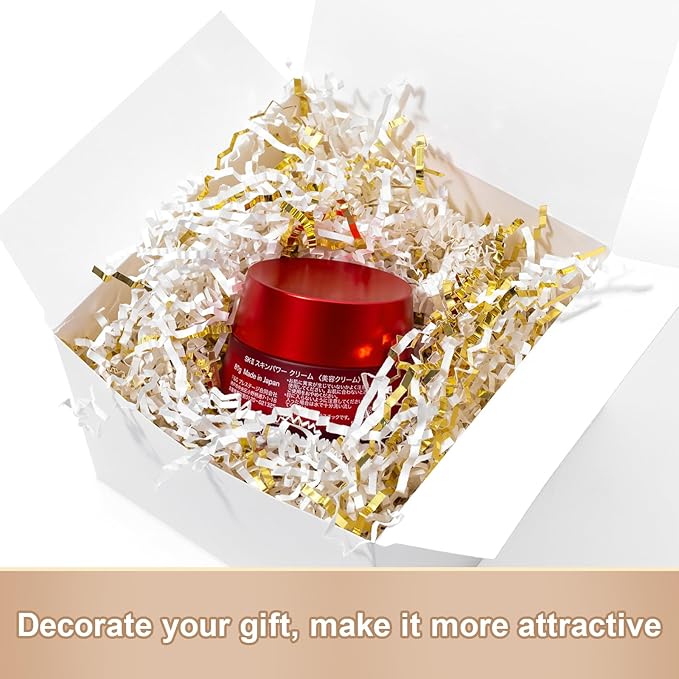 Wowxyz 1 LB Crinkle Cut Paper Shred White & Gold Crinkle Shredded Paper for Gift Baskets - Gift Box Bag Filler - Confetti Stuffing for Birthday, Holiday Present Packaging Wrapping