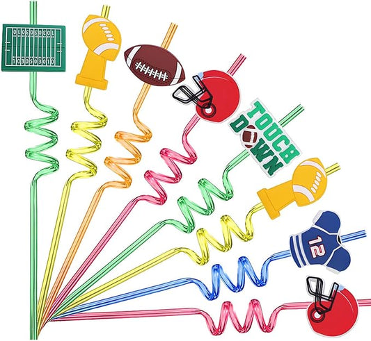 24Pcs Football Theme Reusable Drinking Straws, Soccer Straws, Football Party Favors, Birthday Party Supplies Decorations