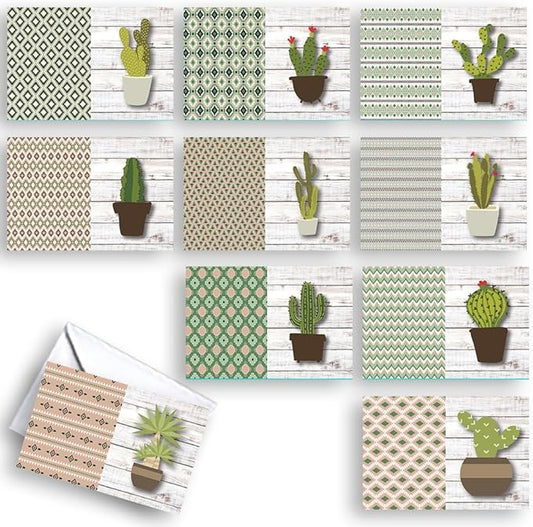 Wright Home & Gift Potted Cactus All-Occasion Blank Note Greeting Cards | 10 Pack Assortment Bulk Variety Set + 10 Envelopes (4x6)