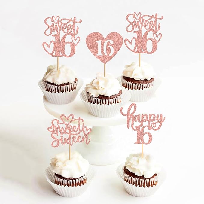 Keaziu 48 Pack Happy Sweet 16 Cupcake Toppers Sweet Sixteen 16 Happy 16 Cupcake Picks for 16th Birthday Wedding Anniversary Party Cake Decorations Supplies Rose Gold