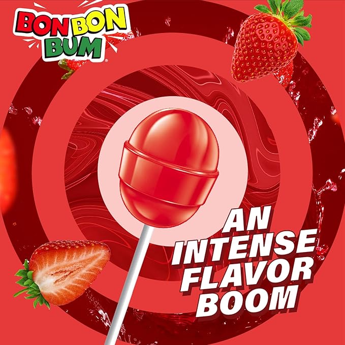 Colombina Bon Bon Bum Lollipops w/Bubble Gum Center, Strawberry Flavor, Individually Wrapped, Ideal for Party Favors and Gifts, 2 Pack (24 Count)