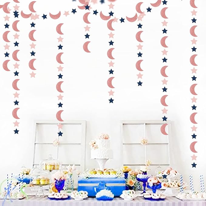 Rose-Gold Moon-Star Party Decorations Garland - 52Ft Navy Blue Pink Twinkle Little Star Hanging Decoration Streamers Banner, Eid Ramadan Mubarak Decoration Birthday Wedding Baby Shower Decor Panduola