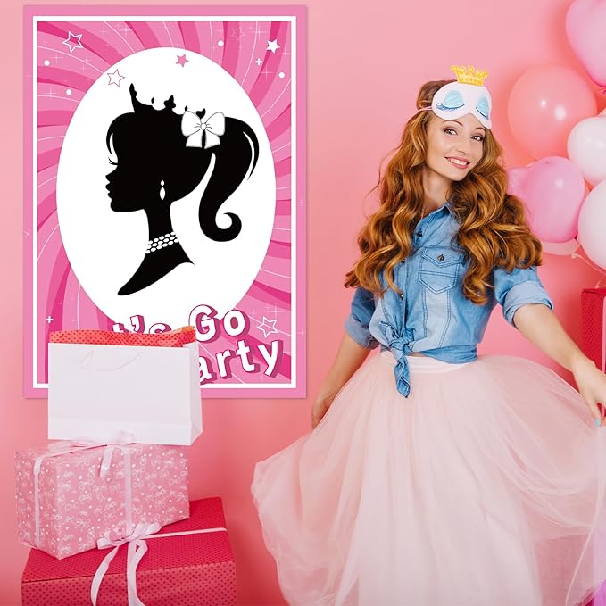 QISOLIY Pink Girl Party Game Decorations, Girl Princess Pin The Bow on The Head Party Game Supplies, Large Poster with 24 Pcs Bow Stickers Favors for Birthday Party