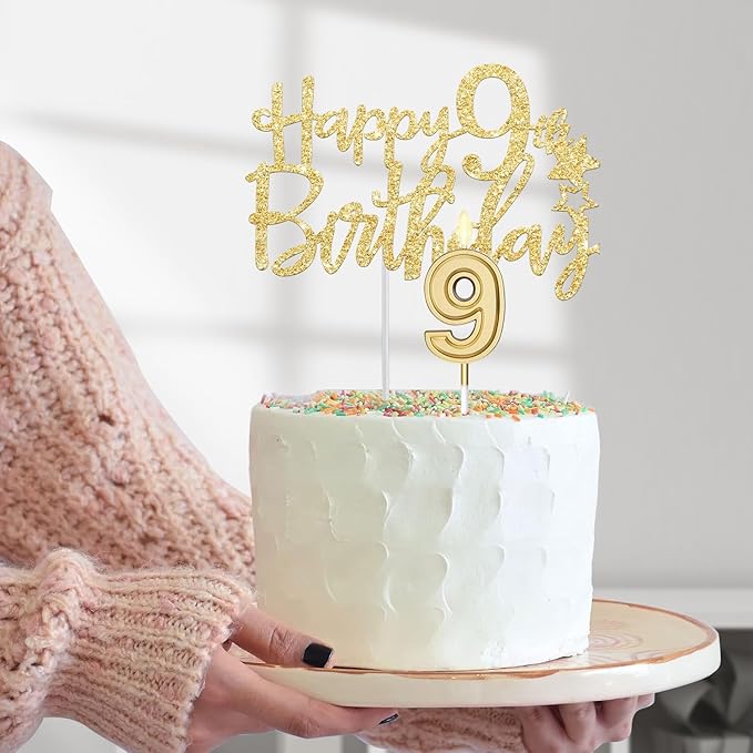 9th Birthday Decorations for Girl Gold with 9th Birthday Sash and Tiara, Candles and Cake Topper, Number Balloons, 9 Year Old Gifts for Girls