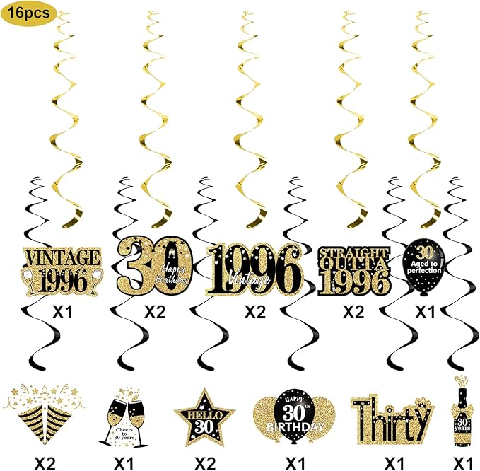 Turypaty 30th Birthday Decorations Hanging Swirls for Men Women, Black Gold Vintage 1996 30th Birthday Foil Swirls Party Supplies, Thirty Year Old Birthday Ceiling Hanging Decorations